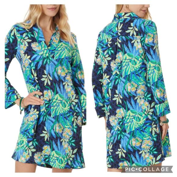 New LILLY PULITZER UPF 50+‎ Chessie Dress Blue Green Tropical Floral Print Sz S
